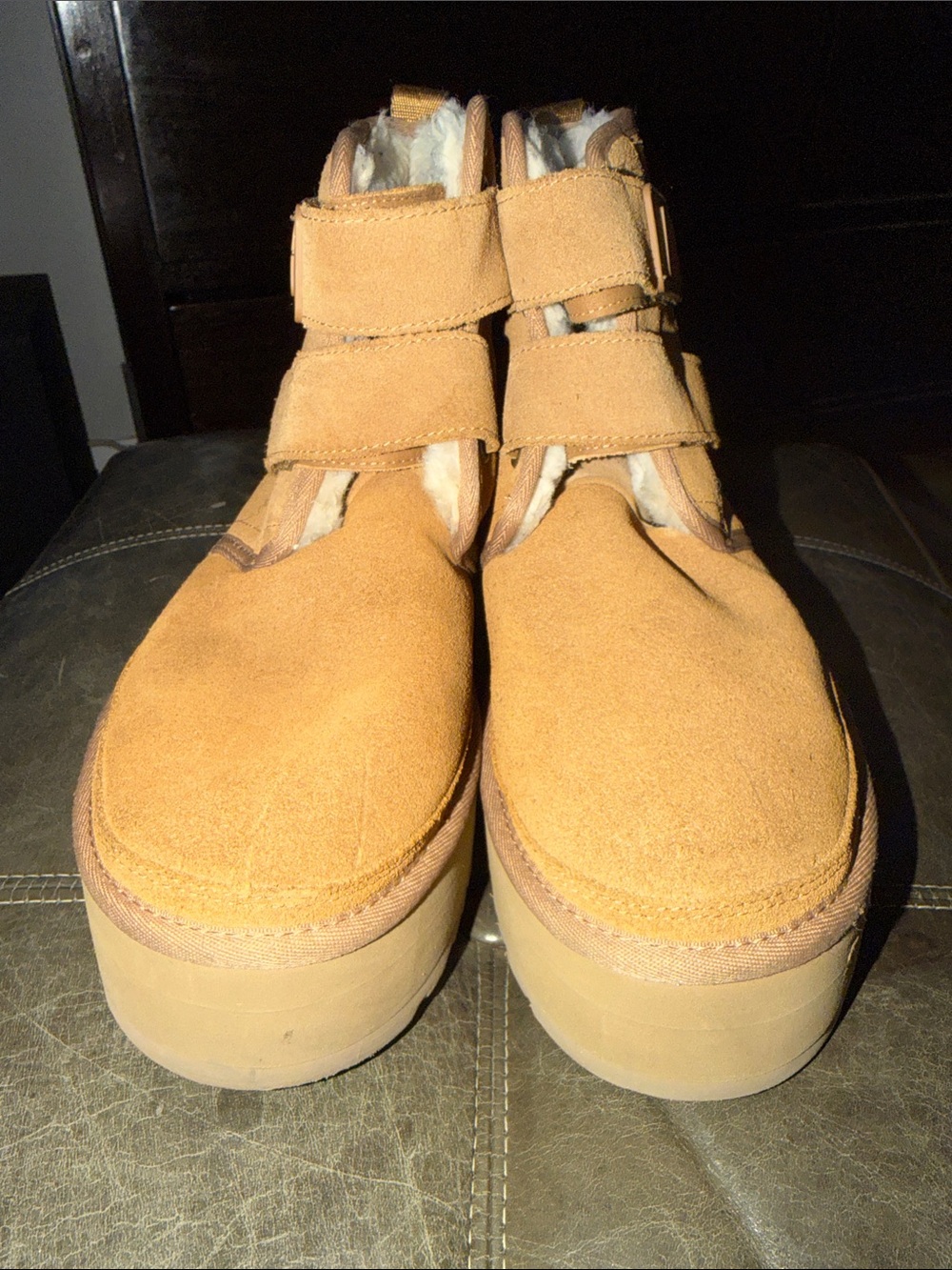 UGG Men's Tan Suede Double-Strap Shearling Boots